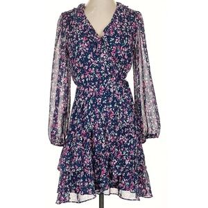 Aqua Navy and Pink Floral Long Sleeve Dress